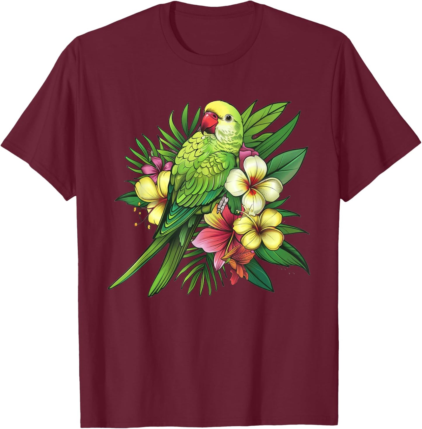 Monk Parakeet With Tropical Flowers T-Shirt - T-Shirt | Maroon