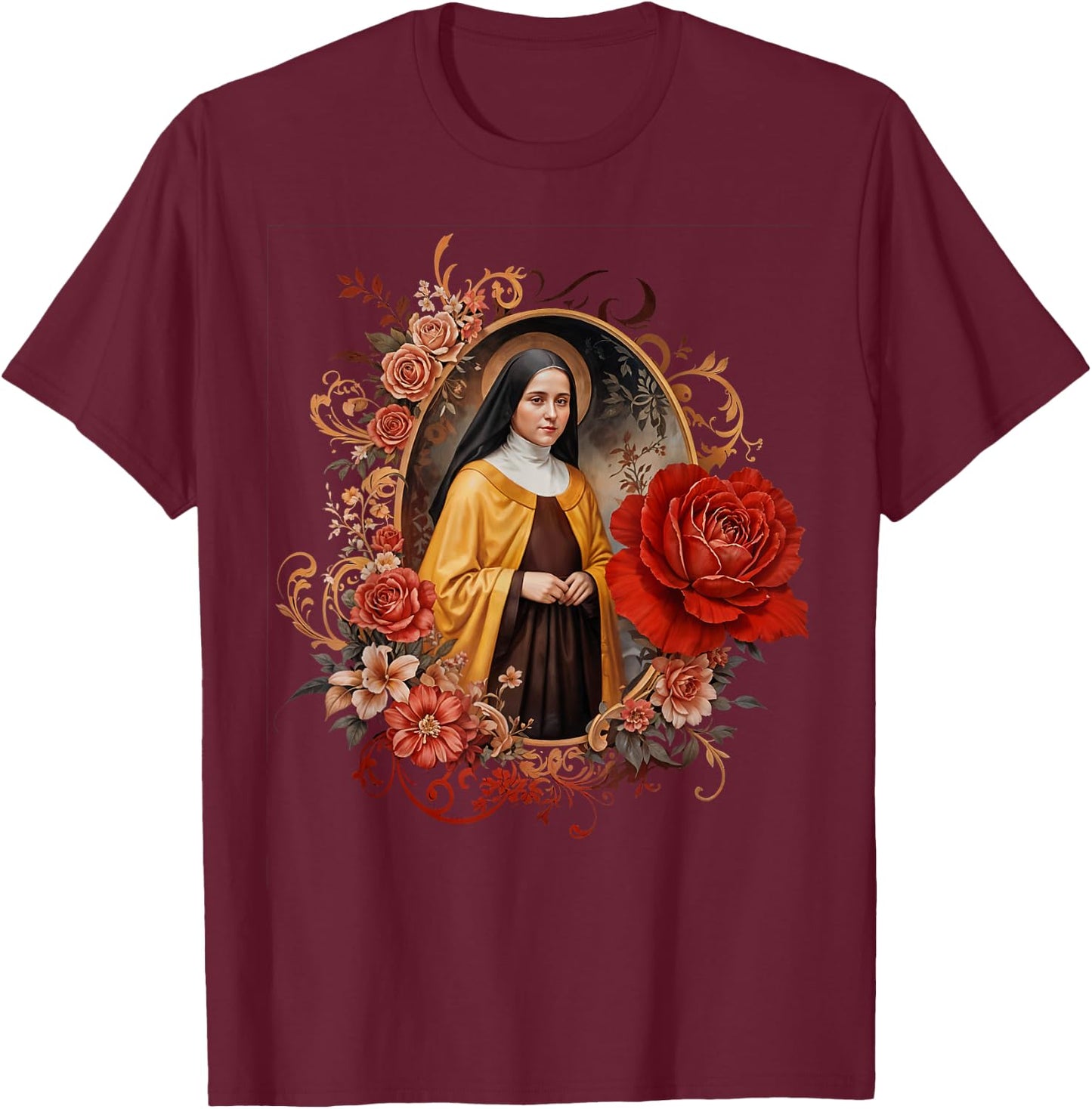 St Therese of Lisieux Little Flower Saint Roses Catholic Art T-Shirt - T-Shirt | Maroon