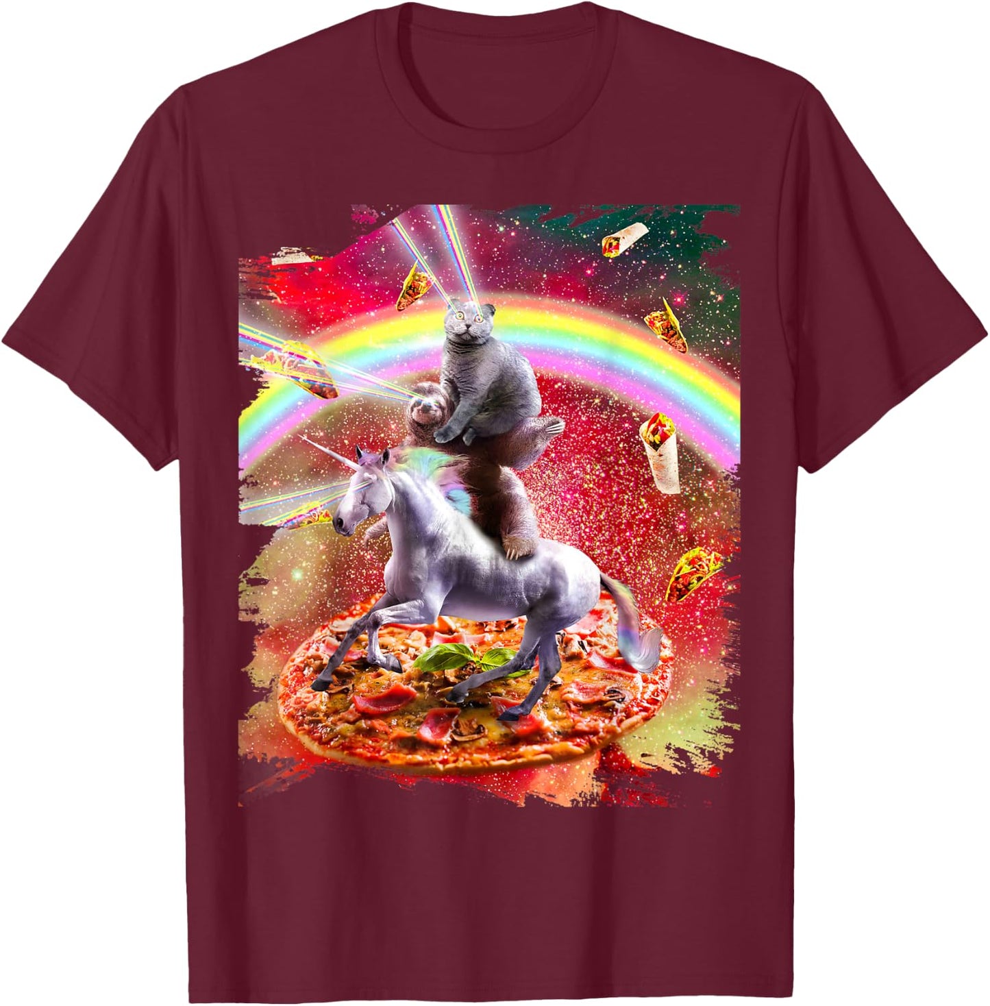 Laser Eyes Space Cat On Sloth Unicorn - Rainbow T-Shirt - T-Shirt | Maroon