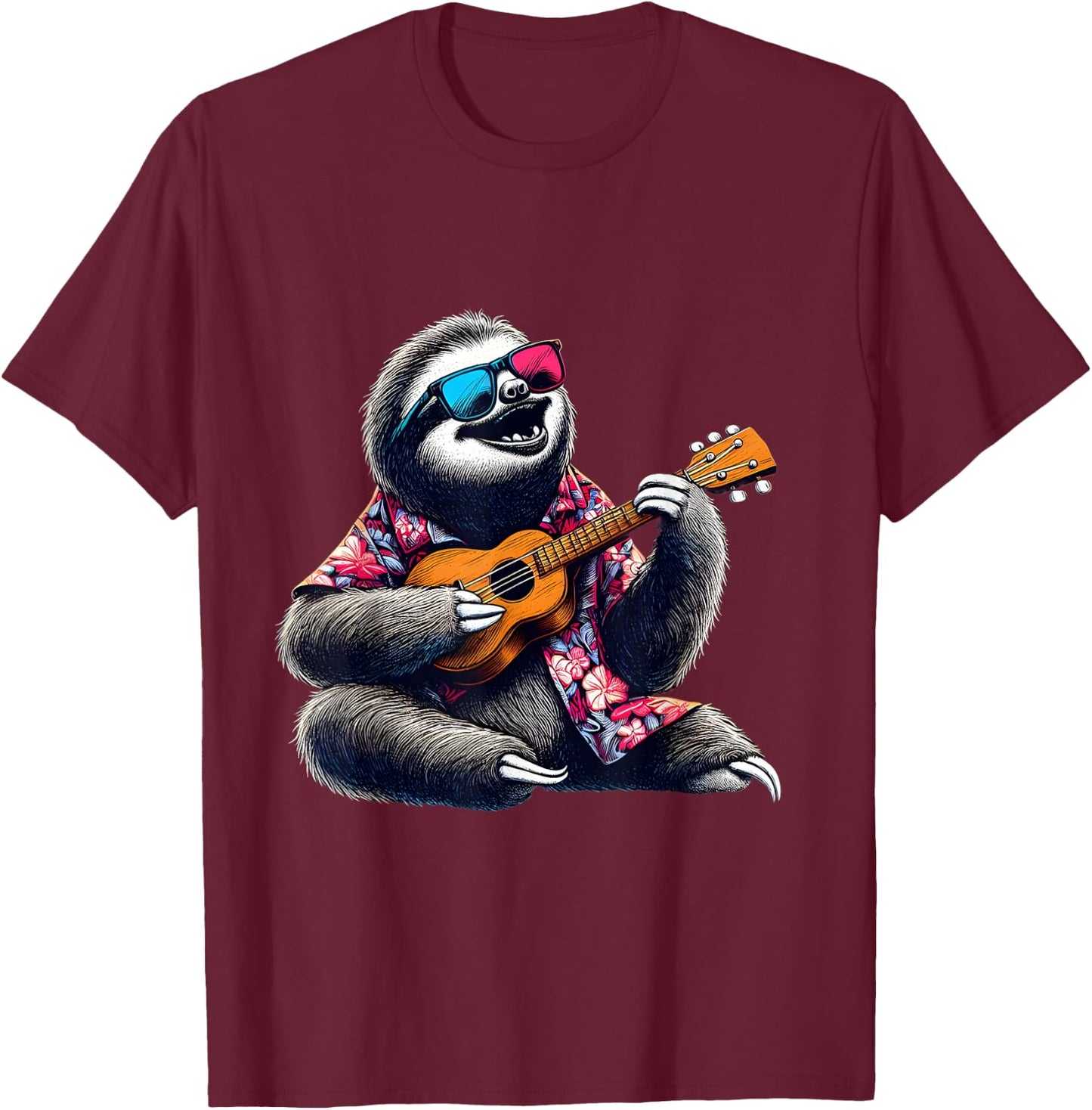 Sloth Wearing a Hawaiian Shirt, Playing a Ukulele T-Shirt - T-Shirt | Maroon