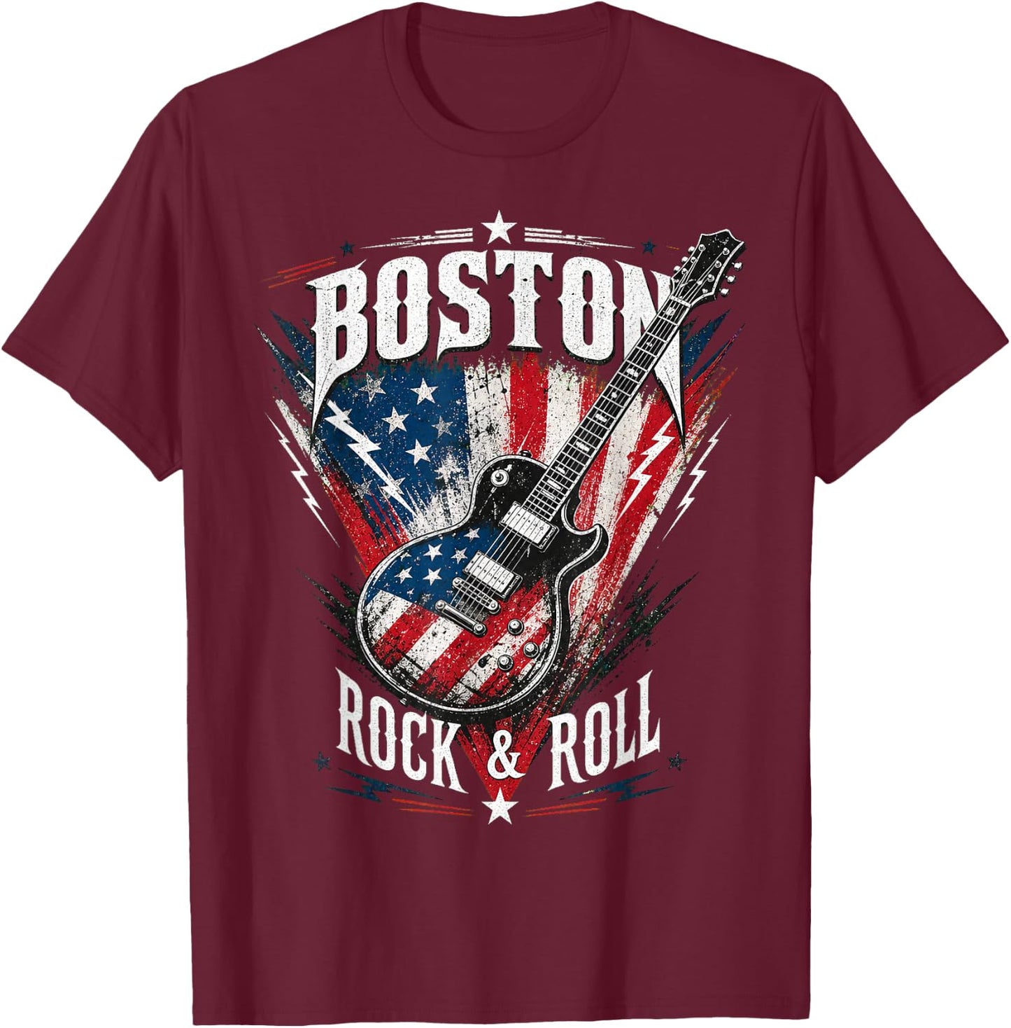 Boston Electric Guitar USA Flag Rock Music Design T-Shirt - T-Shirt | Maroon