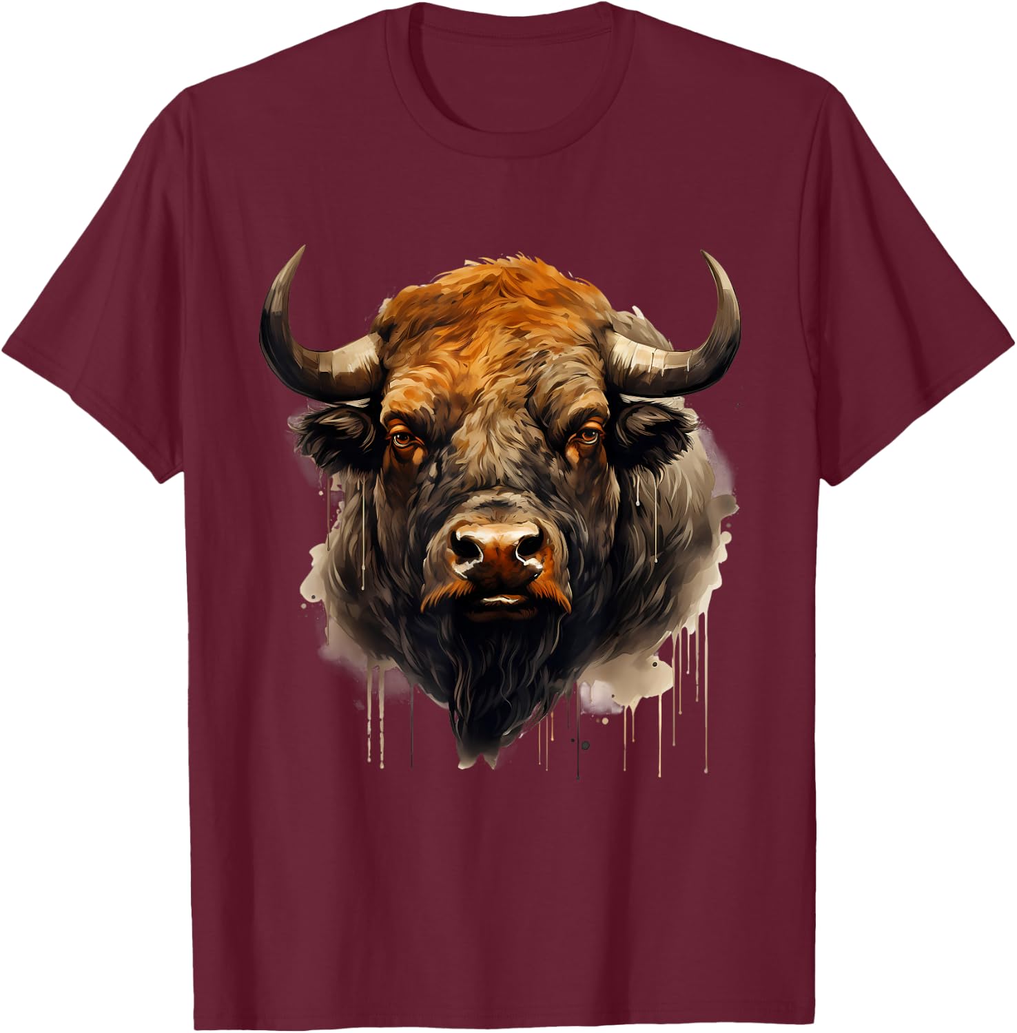 Buffalo Animal Print Motif Portrait Bison Nature Artwork T-Shirt - T-Shirt | Maroon