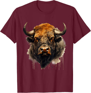 Buffalo Animal Print Motif Portrait Bison Nature Artwork T-Shirt - T-Shirt | Maroon