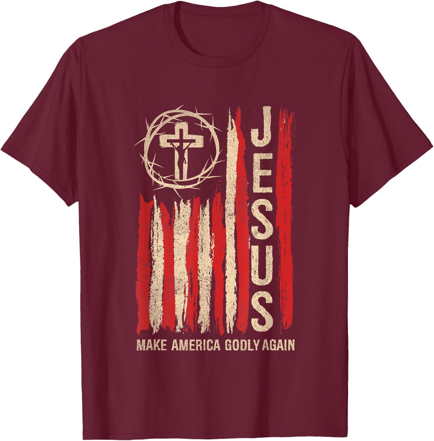 Jesus Make America Godly Again Patriotic Christian USA Flag T-Shirt - T-Shirt | Maroon
