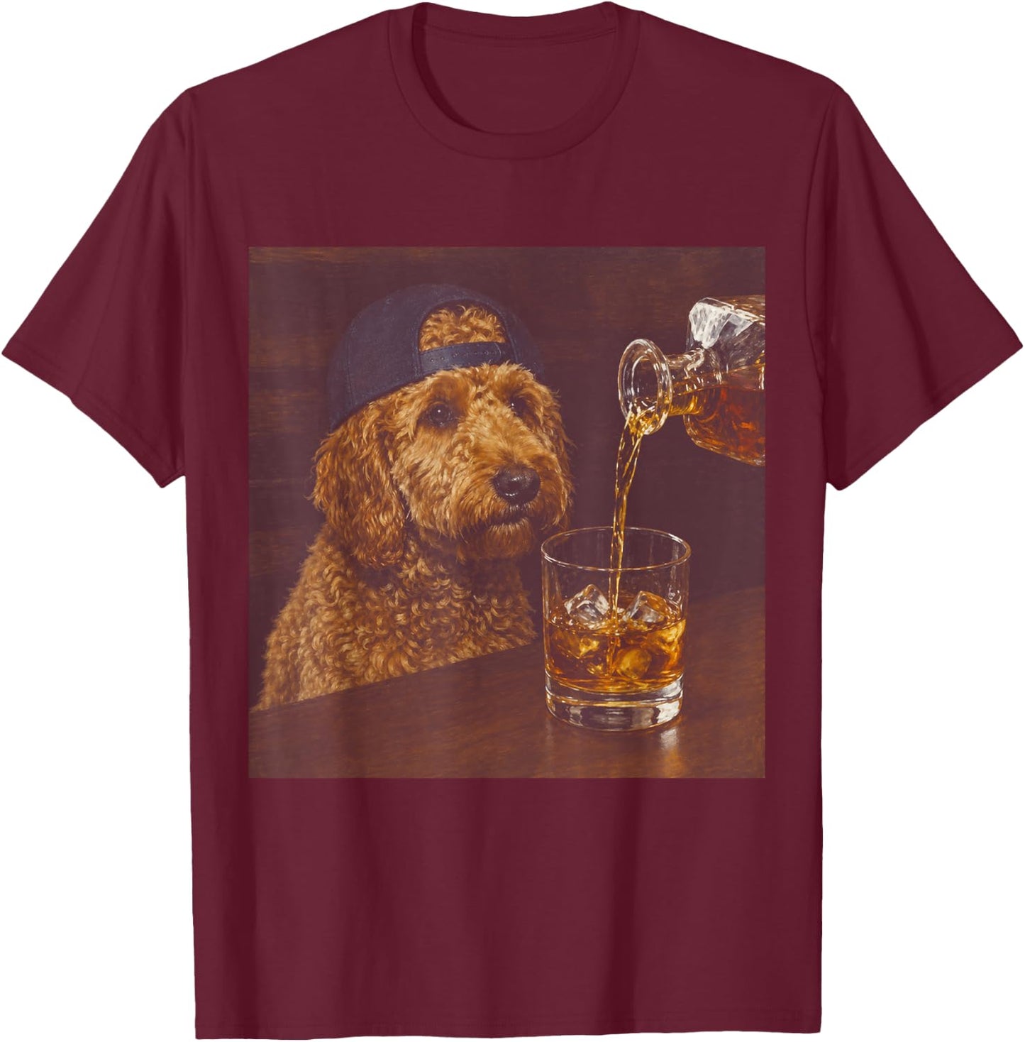 Vintage Goldendoodle Drinking Whiskey Funny Dog Lover T-Shirt - T-Shirt | Maroon