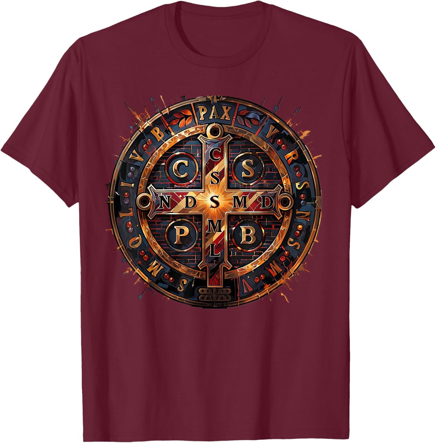 Catholic Saint Benedict Medal T-Shirt - T-Shirt | Maroon