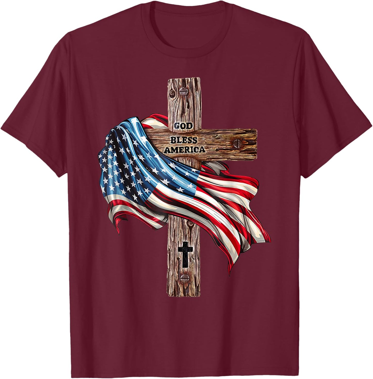God Bless America Cross American Flag US Patriotic Christian T-Shirt - T-Shirt | Maroon