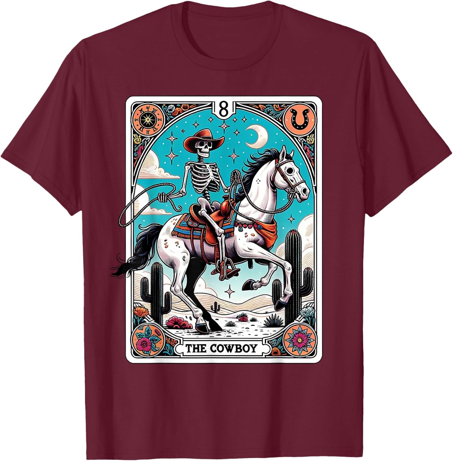 The Cowboy Skeleton Tarot Card Western Howdy T-Shirt - T-Shirt | Maroon