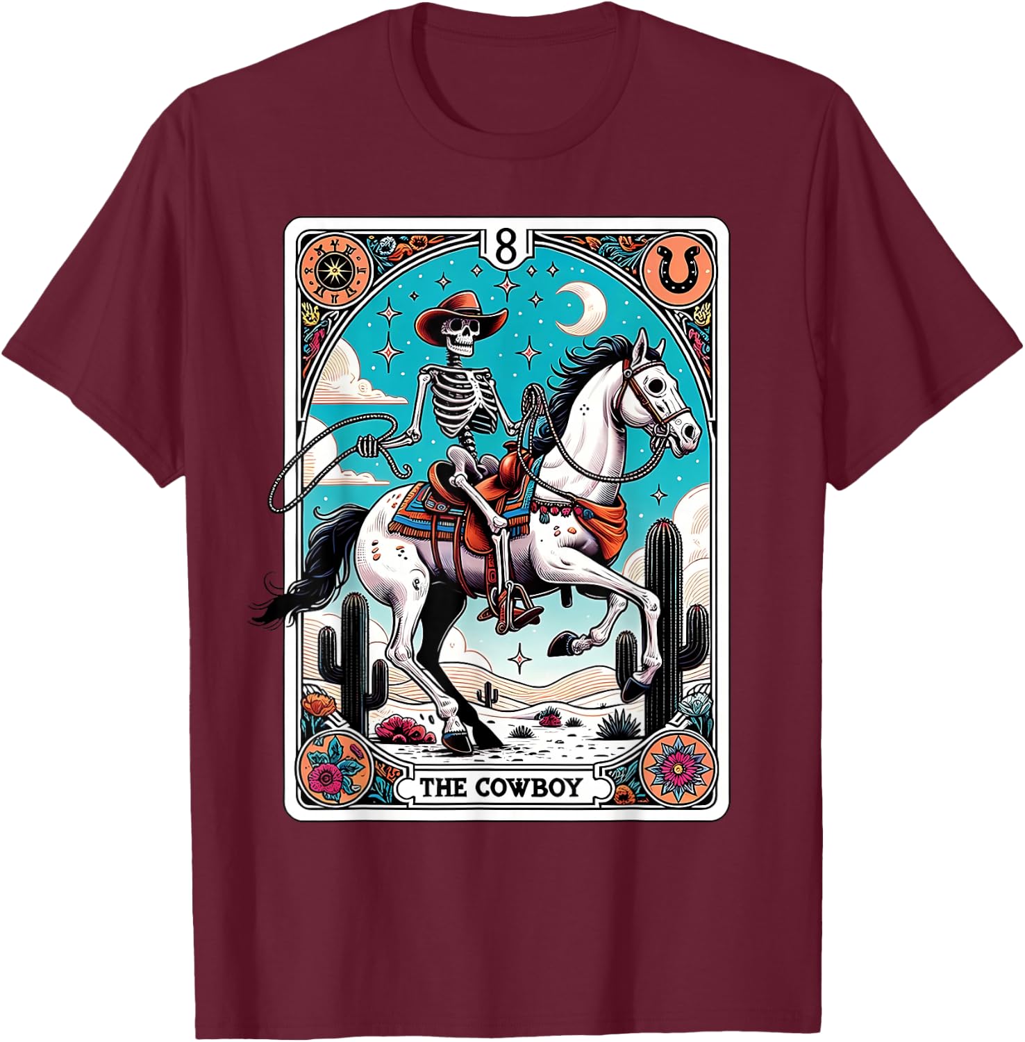 The Cowboy Skeleton Tarot Card Western Howdy T-Shirt - T-Shirt | Maroon