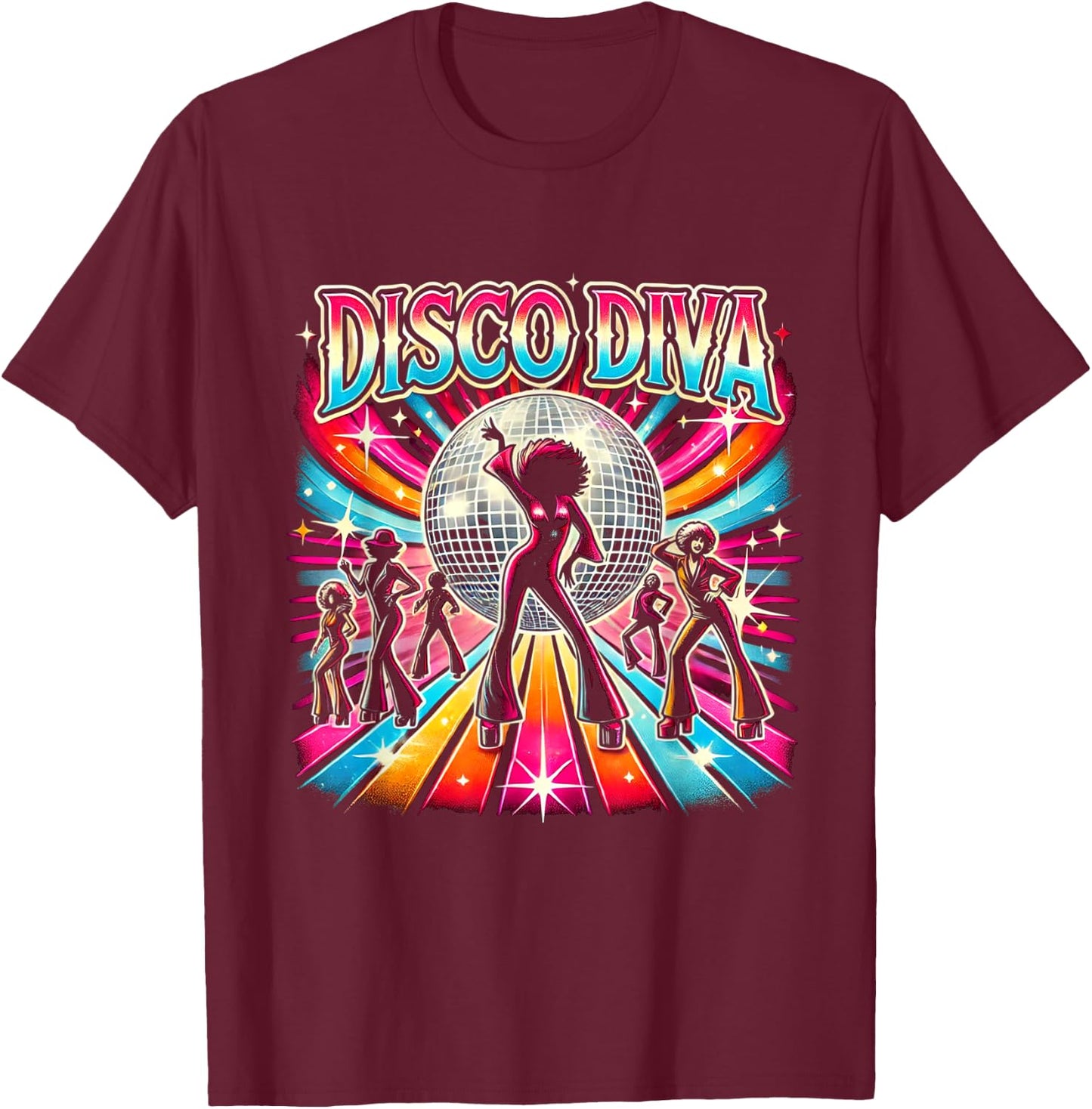 Ball Disco Diva Queen, 70s Retro Vintage Dancing , Black, S T-Shirt - T-Shirt | Maroon