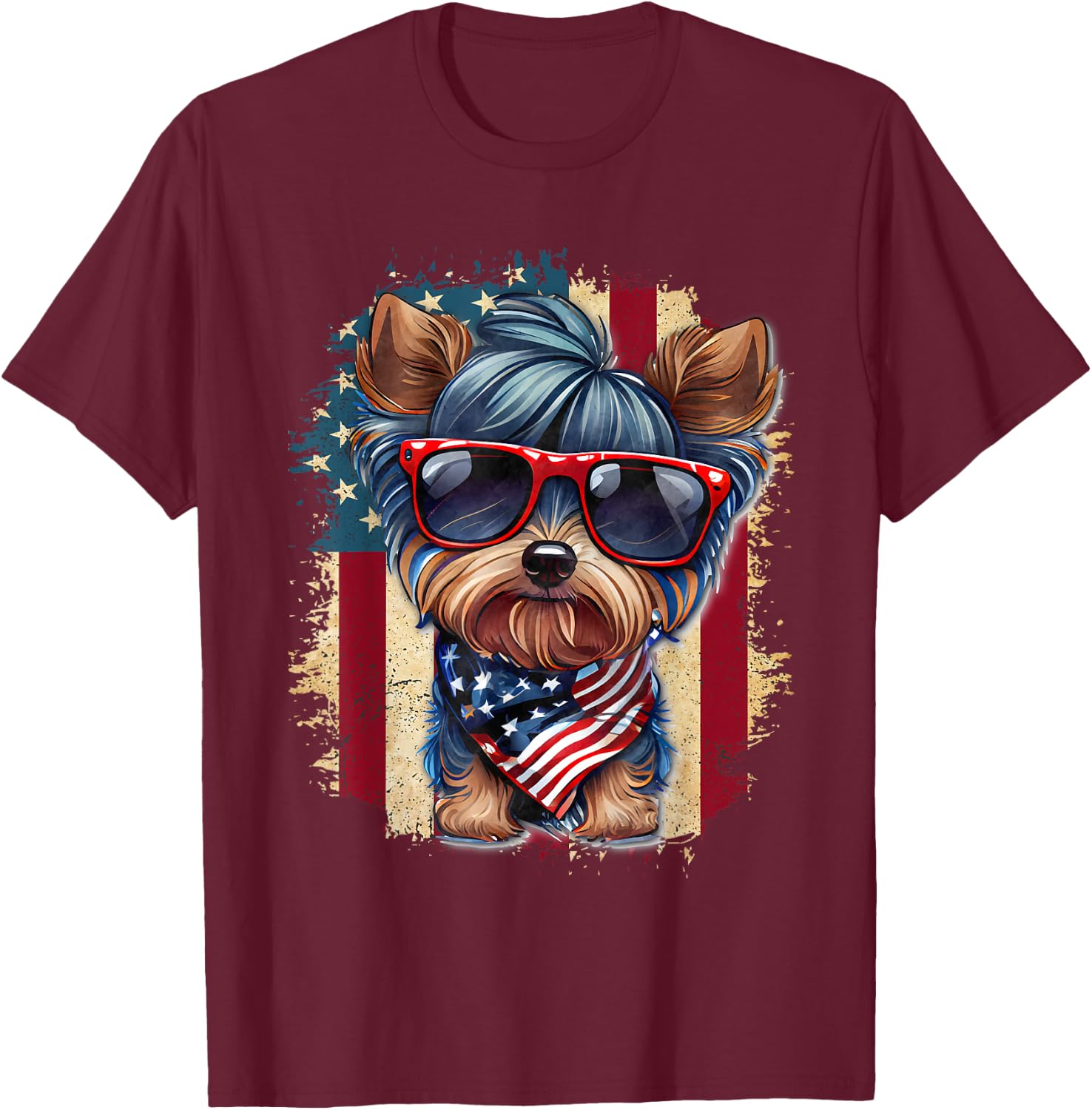 Cute Yorkie Dog Lover July 4th USA Flag Patriotic Merica T-Shirt - T-Shirt | Maroon