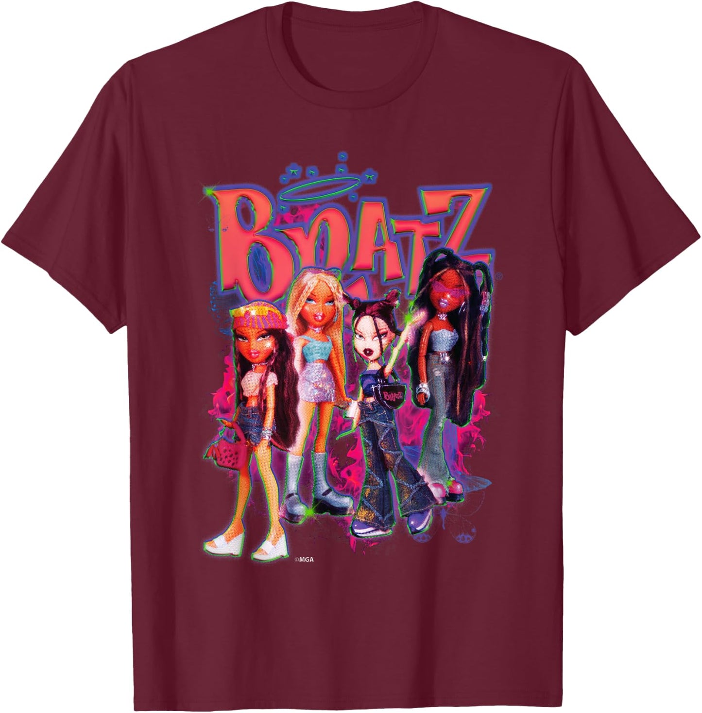 Bratz Girls On Neon Pink Fire , Black, S T-Shirt - T-Shirt | Maroon