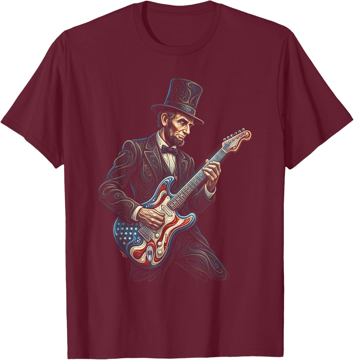 Abraham Lincoln Abe Lincoln Playing Guitar T-Shirt - T-Shirt | Maroon