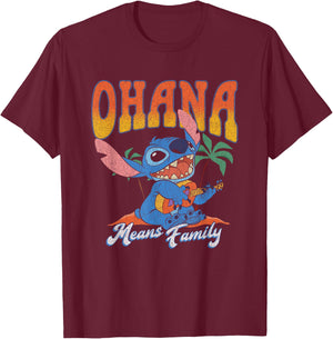 Disney Lilo & Stitch Ohana Means Family Vintage Tropical T-Shirt - T-Shirt | Maroon