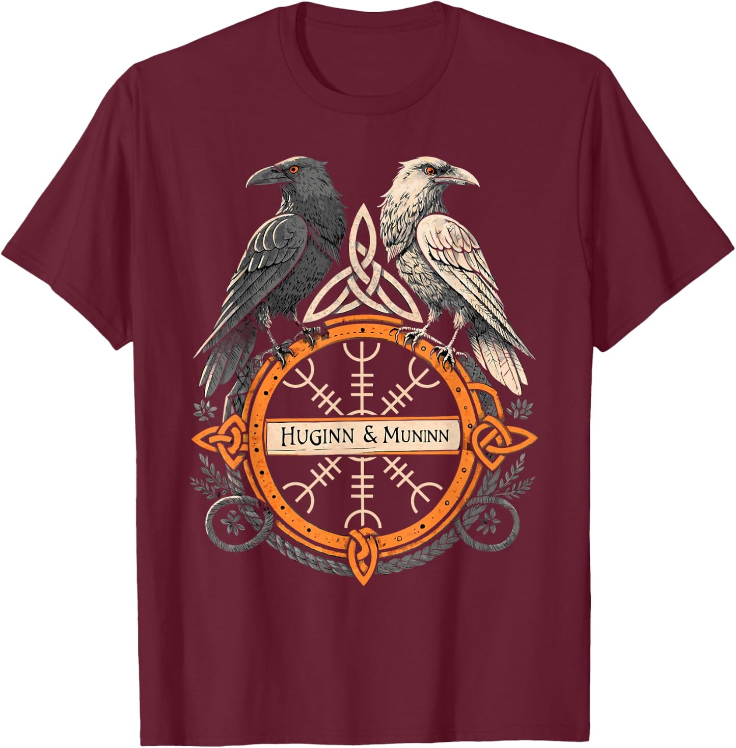 The Helm of Awe Viking Symbol - Huginn & Muninn Norse Raven T-Shirt - T-Shirt | Maroon