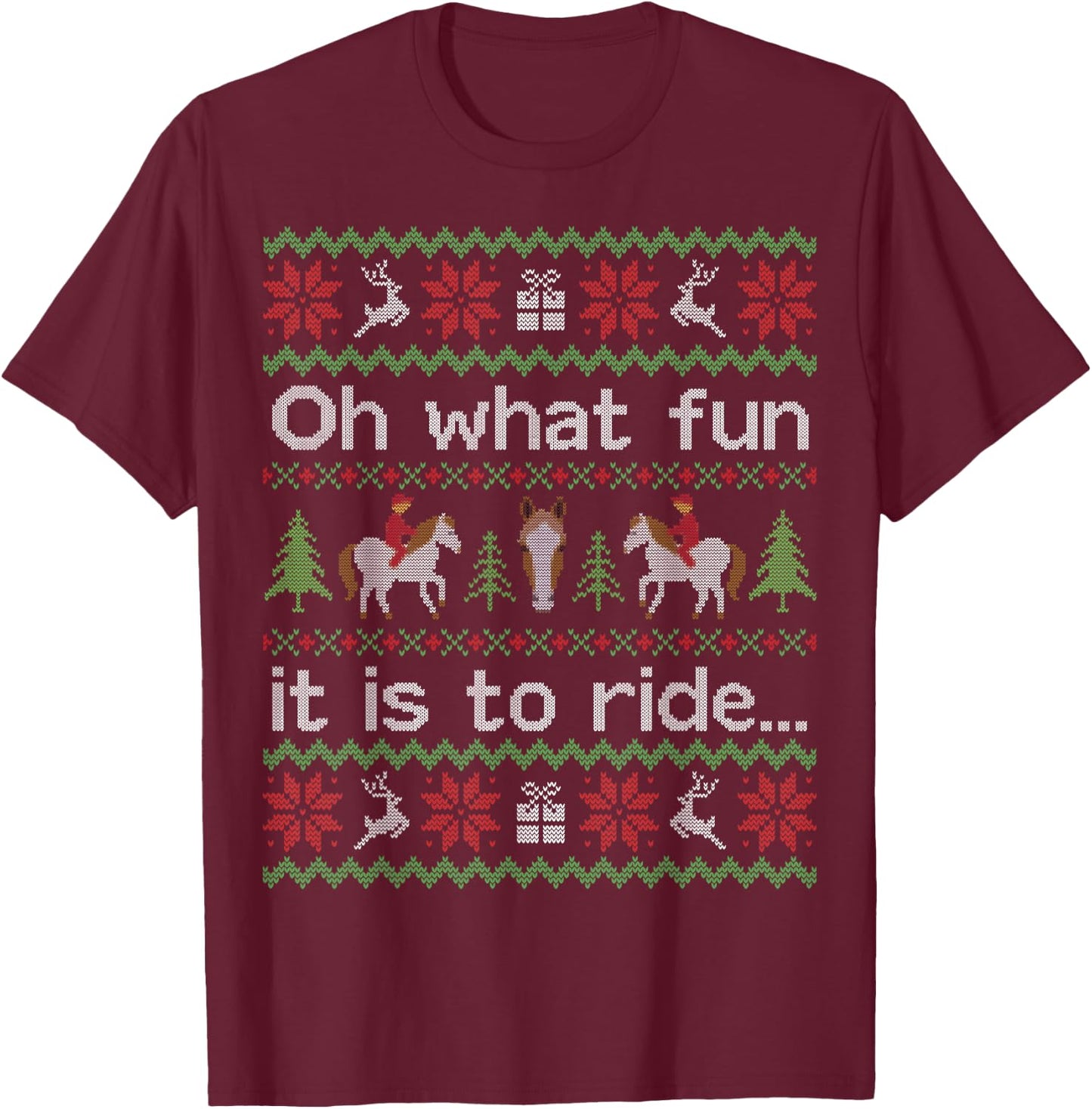 Funny Ugly Sweater Shirt Christmas Horse Rider Riding Gift T-Shirt - T-Shirt | Maroon