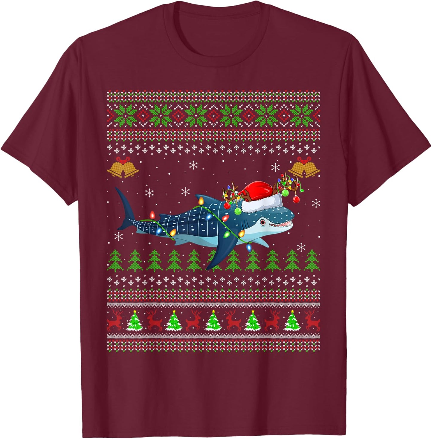 Ugly Whale Shark Xmas Lighting Santa Whale Shark Christmas T-Shirt - T-Shirt | Maroon