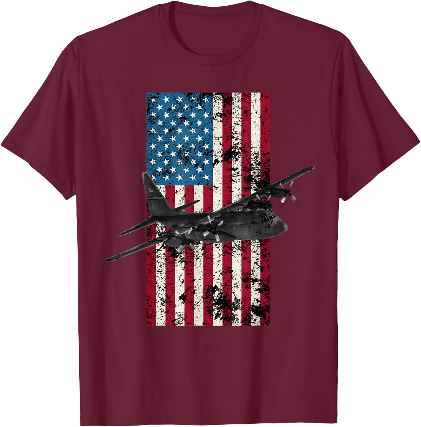 C-130 Hercules Vintage American Flag - Military T-Shirt - T-Shirt | Maroon
