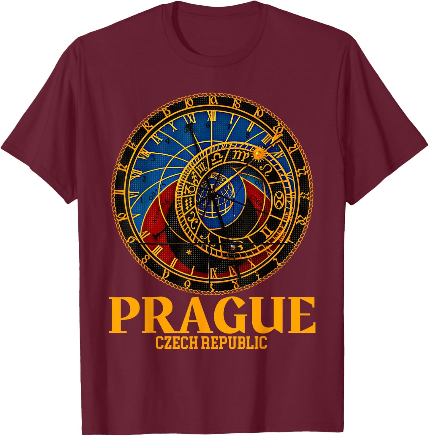 Prague Czech Republic Souvenir Astronomical Clock Prague T-Shirt - T-Shirt | Maroon