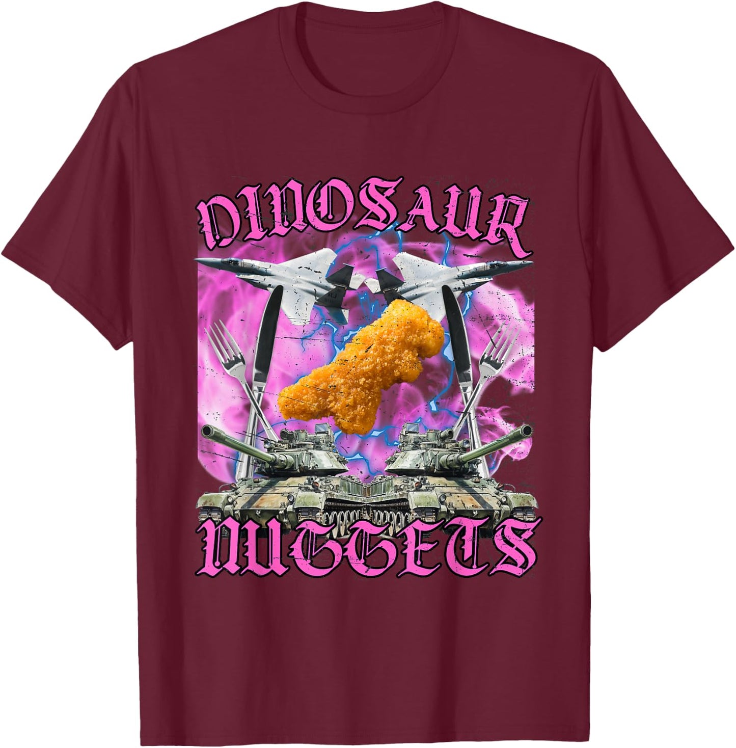 Dinosaur Chicken Nugget Dino Nugget Funny Meme , black T-Shirt - T-Shirt | Maroon