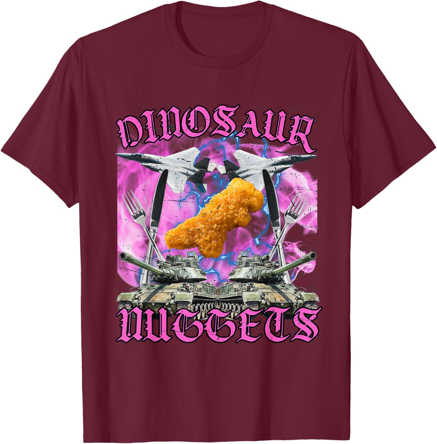 Dinosaur Chicken Nugget Dino Nugget Funny Meme , black T-Shirt - T-Shirt | Maroon