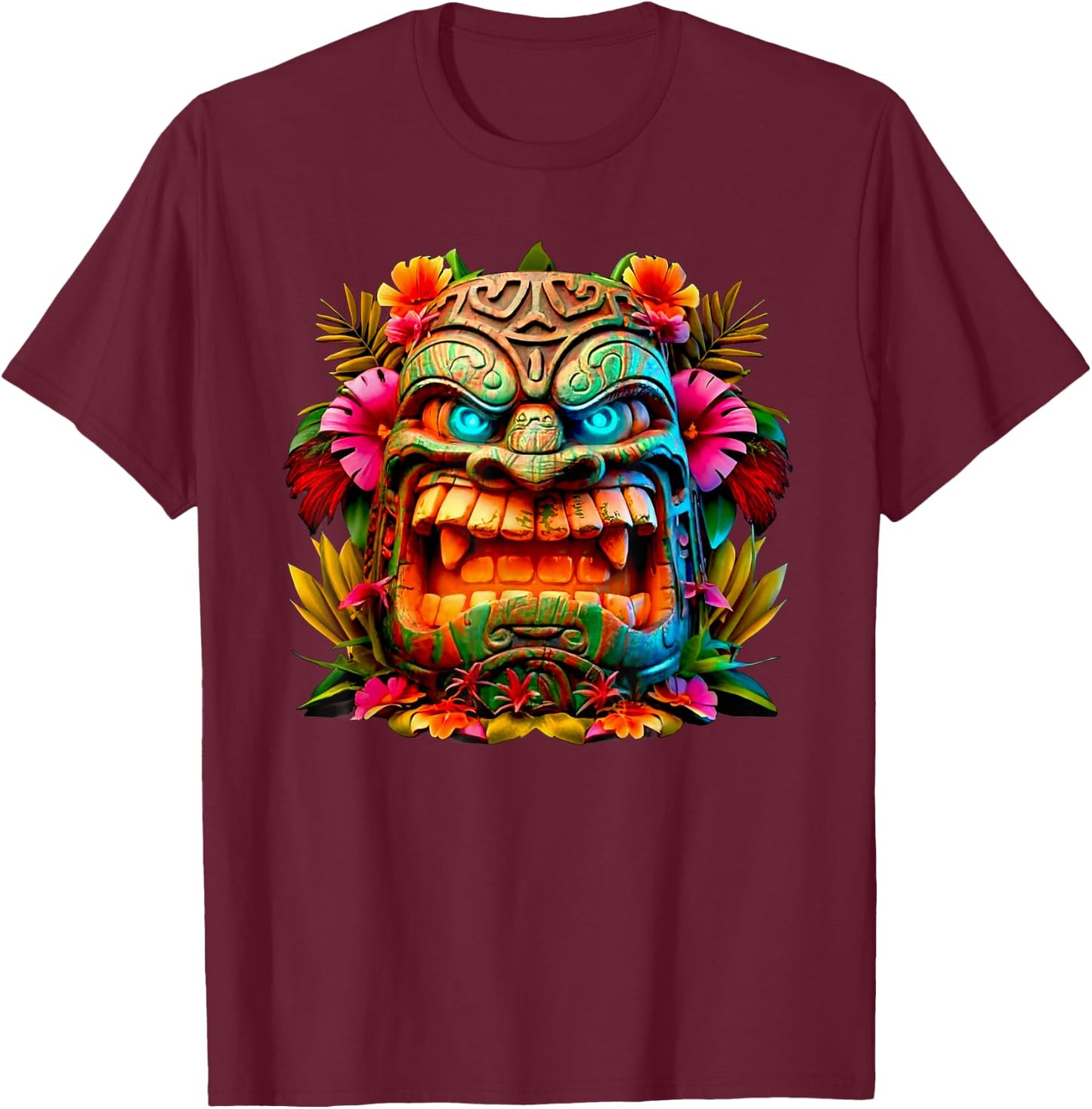 Colourful Tiki Head Design T-Shirt - T-Shirt | Maroon
