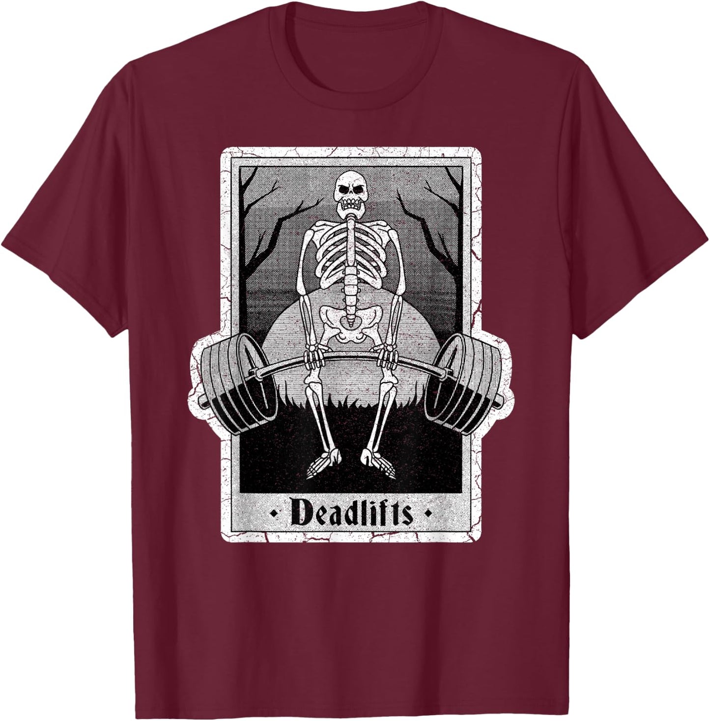 Deadlifts Skeleton Tarot Card – Funny Weightlifting T-Shirt - T-Shirt | Maroon