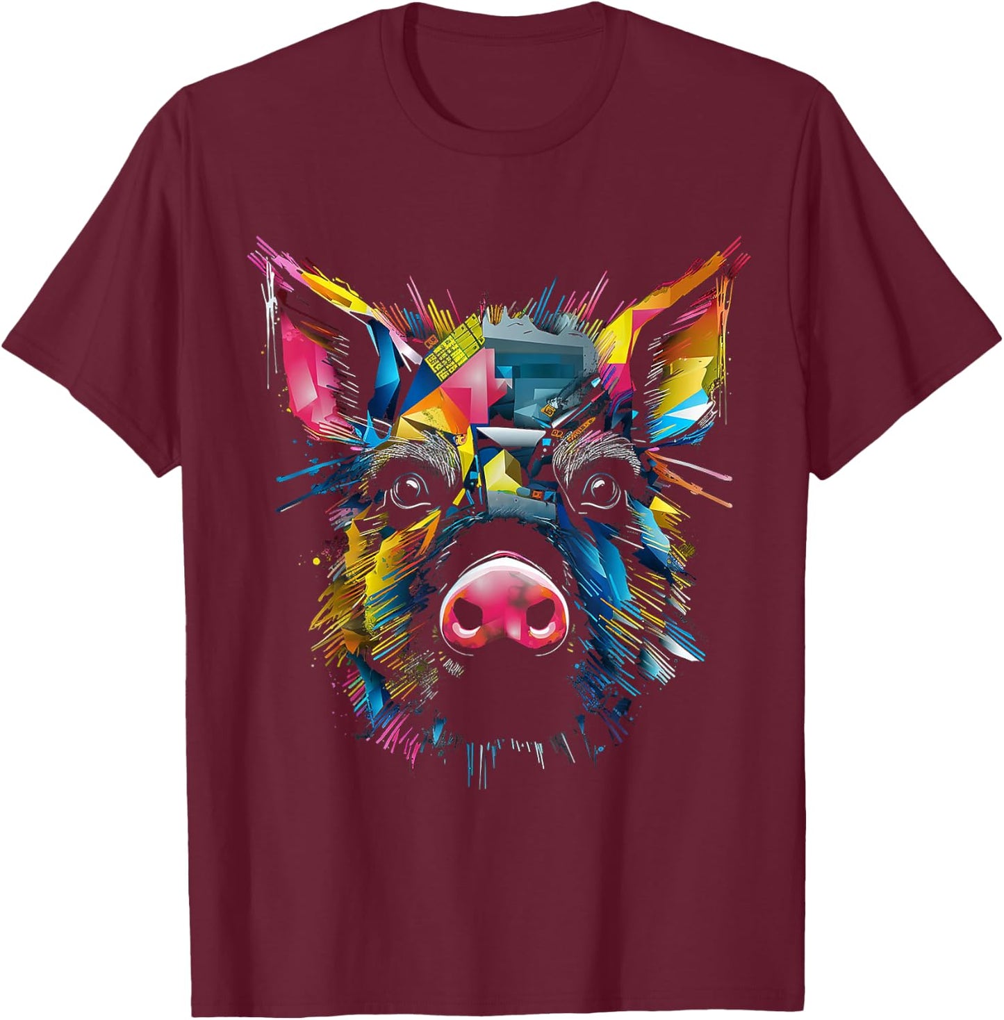 Pig Colorful Geometric Animal Lover Art Graphic Pig T-Shirt - T-Shirt | Maroon