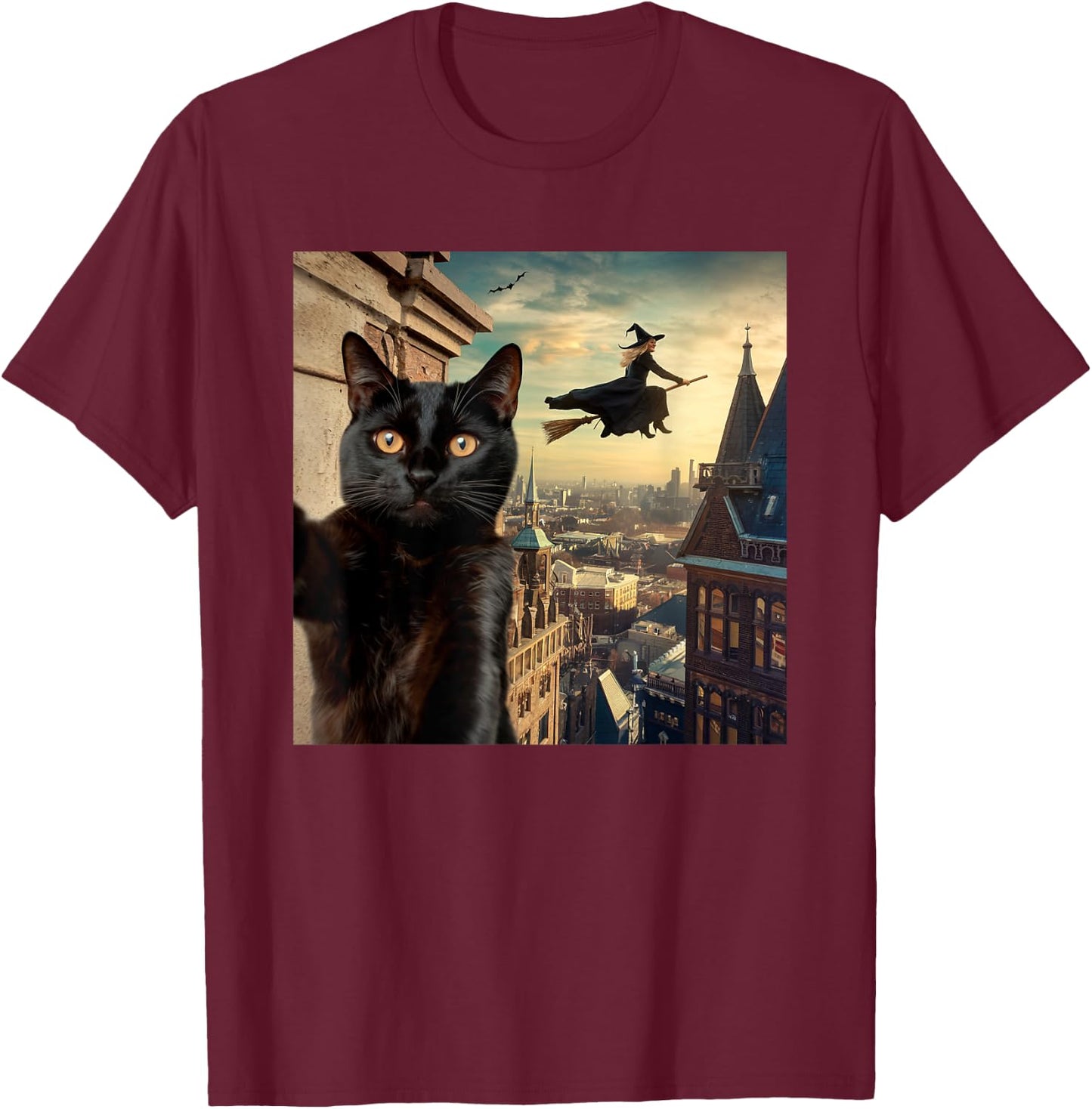 Witch and Black Cat Selfie Photo Halloween Magic Lovers T-Shirt - T-Shirt | Maroon
