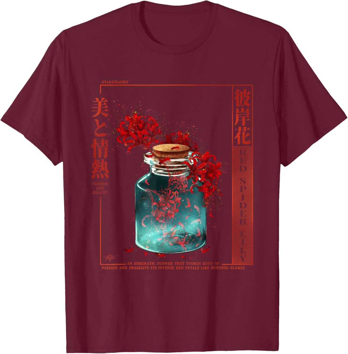Spider Lily in Japanese Anime Red Spider Lily Aesthetic T-Shirt - T-Shirt | Maroon