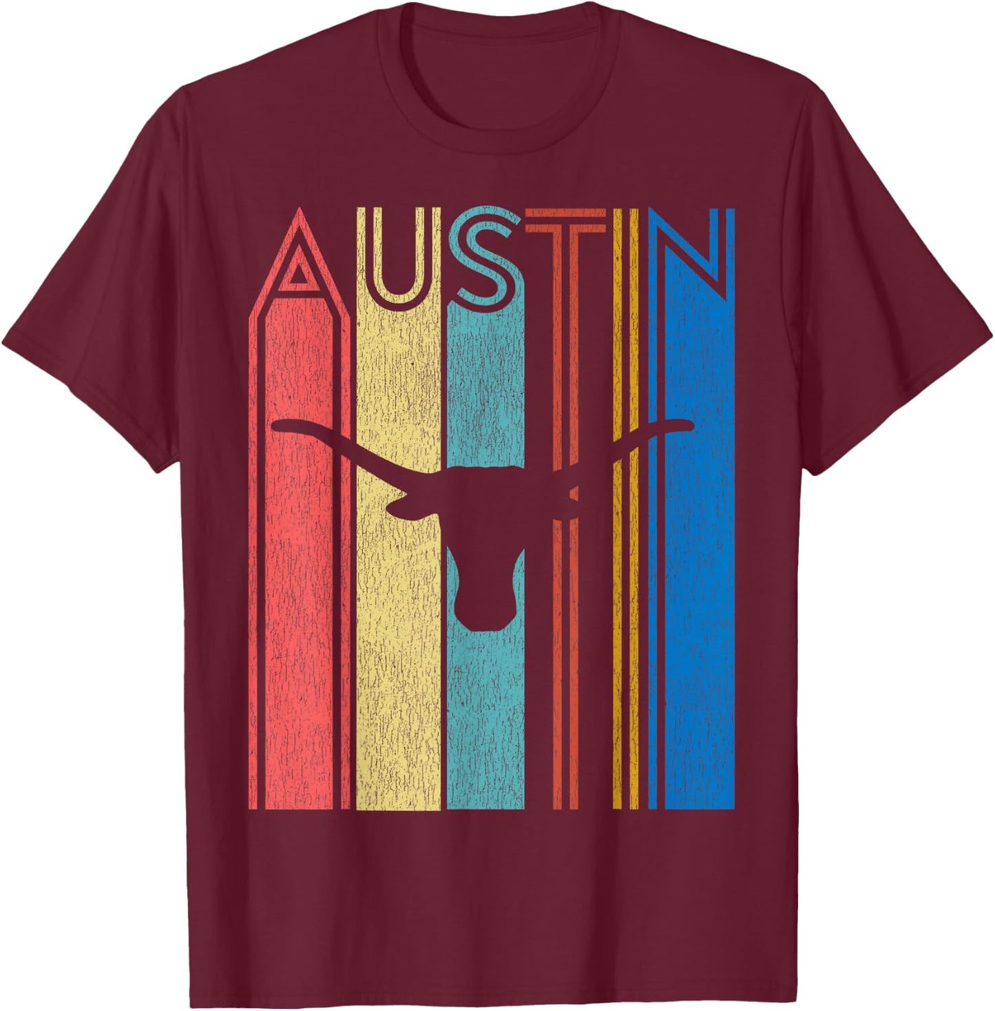 Retro Austin Longhorn Silhouette Skull Vintage Texas T-Shirt - T-Shirt | Maroon