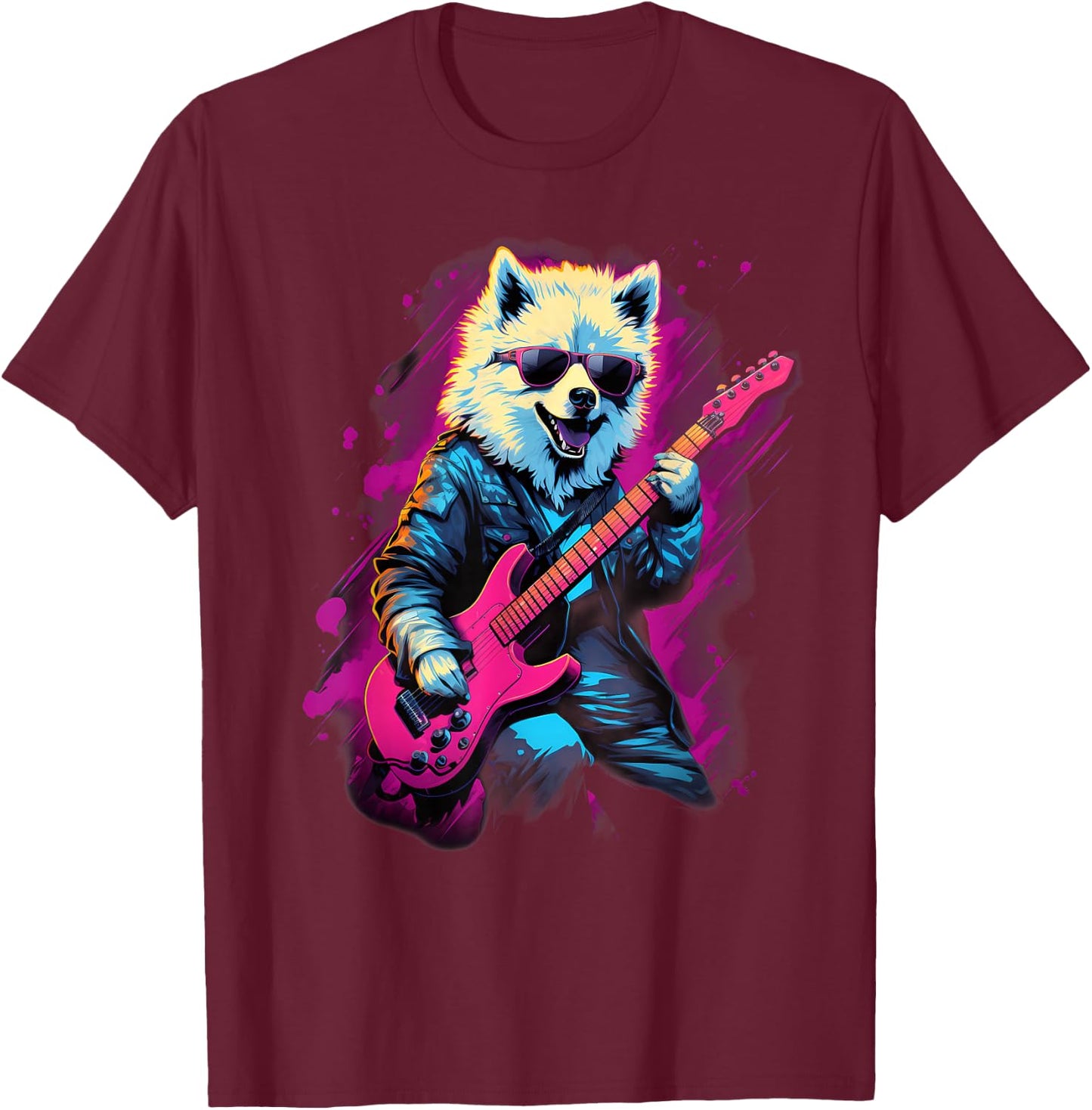Punk Rock Guitar Samoyed Dog Guitarist T-Shirt - T-Shirt | Maroon