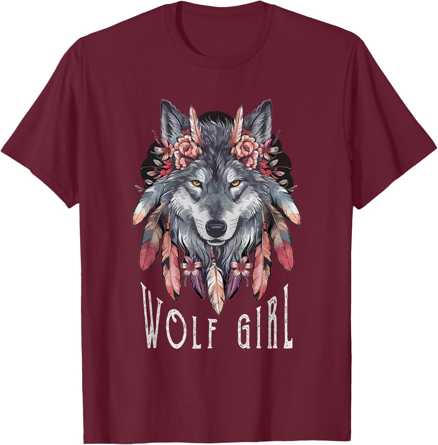 Wolf Girl Loves Wolves Women Children Feathers Floral Wolf , black T-Shirt - T-Shirt | Maroon