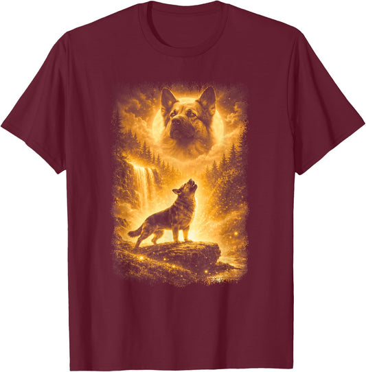 German Shepherd Howling to Moon | German Shepherd Graphic T-Shirt - T-Shirt | Maroon