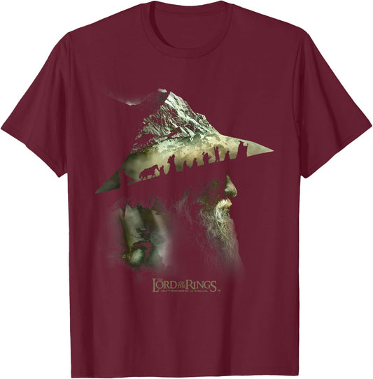 The Lord of the Rings Gandalf Fellowship Mountains T-Shirt - T-Shirt | Maroon