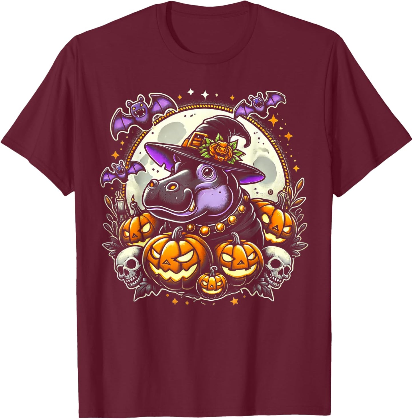 Hippo Witch Halloween Design T-Shirt - T-Shirt | Maroon
