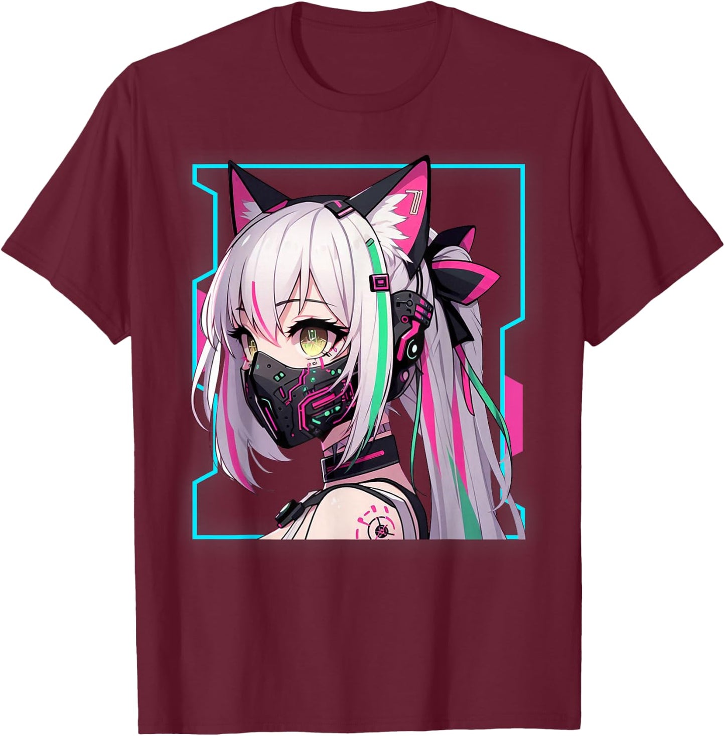 Kawaii Japanese Manga Anime Aesthetic Cyberpunk Techwear , Black, S T-Shirt - T-Shirt | Maroon