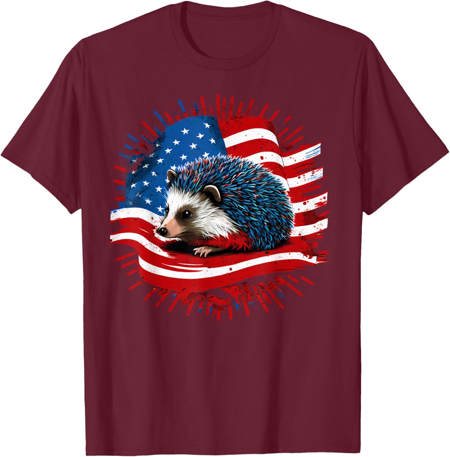 USA 4th Of July Hedgehog on Patriotic American Hedgehog T-Shirt - T-Shirt | Maroon
