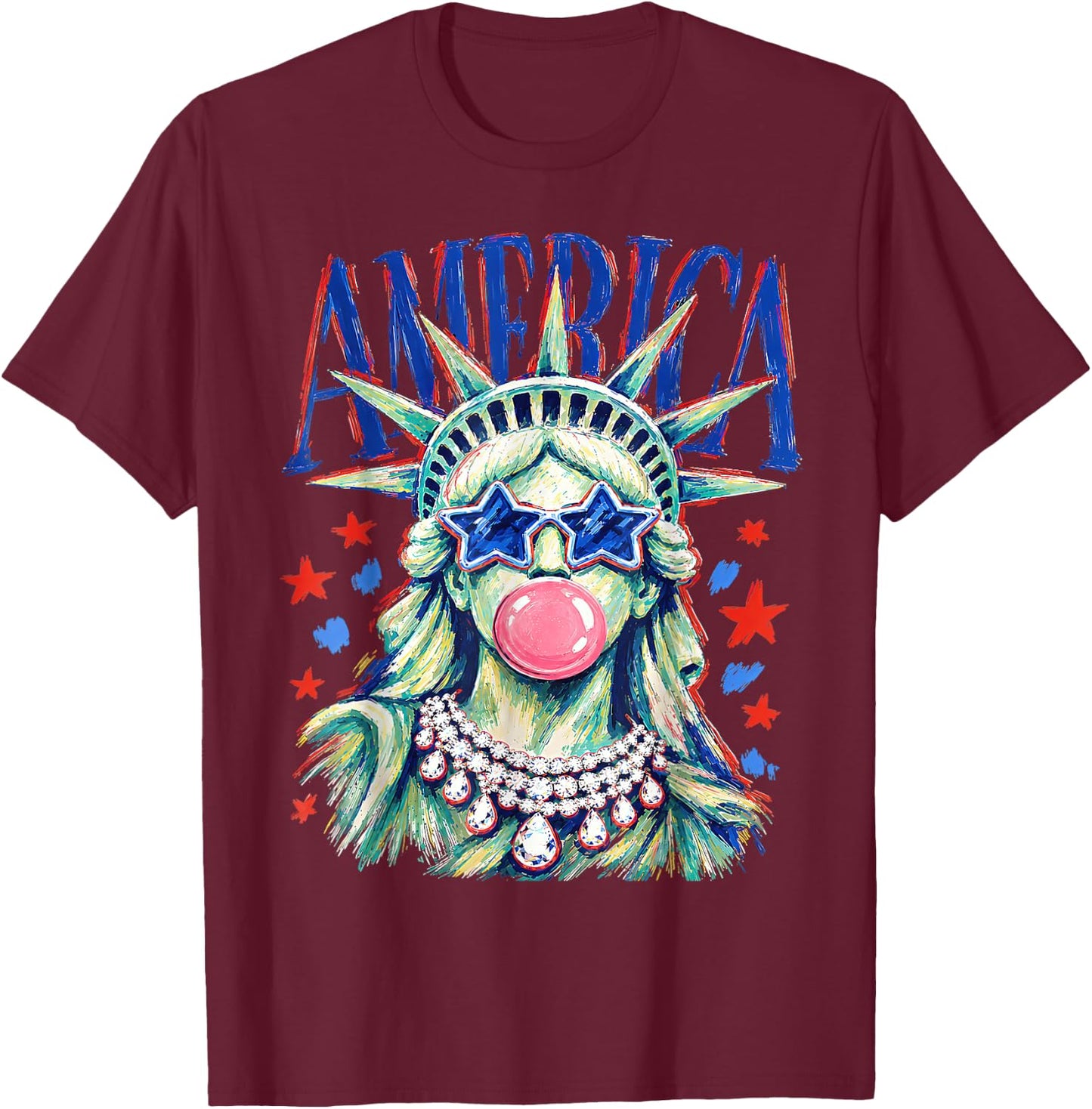 Statue of Liberty Blowing Bubble Preppy Brushstroke USA T-Shirt - T-Shirt | Maroon