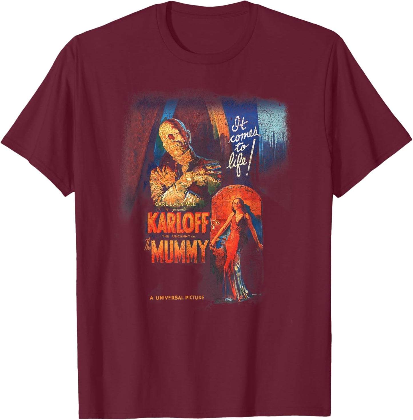 Universal Monsters Distressed The Mummy Movie Poster T-Shirt - T-Shirt | Maroon