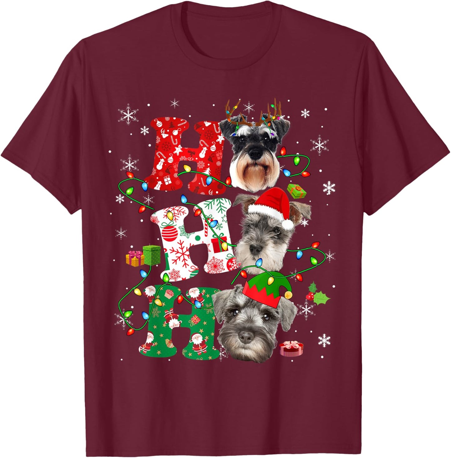 Ho3 Christmas Lights Santa Elf Reindeer Schnauzer T-Shirt - T-Shirt | Maroon