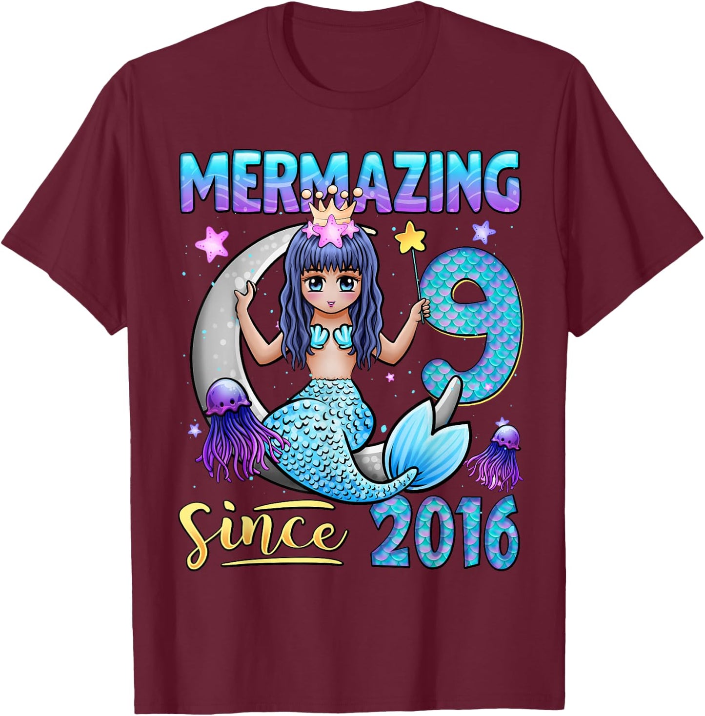 Mermaid Birthday Shirt 9 Years Old Mermaid 9th Birthday Girl T-Shirt - T-Shirt | Maroon