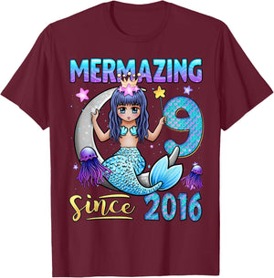 Mermaid Birthday Shirt 9 Years Old Mermaid 9th Birthday Girl T-Shirt - T-Shirt | Maroon