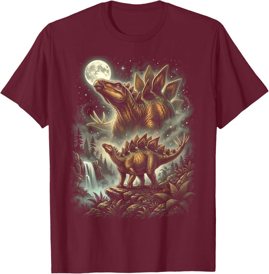 Stegosaurus Dinosaur Howling At The Moon T-Shirt - T-Shirt | Maroon