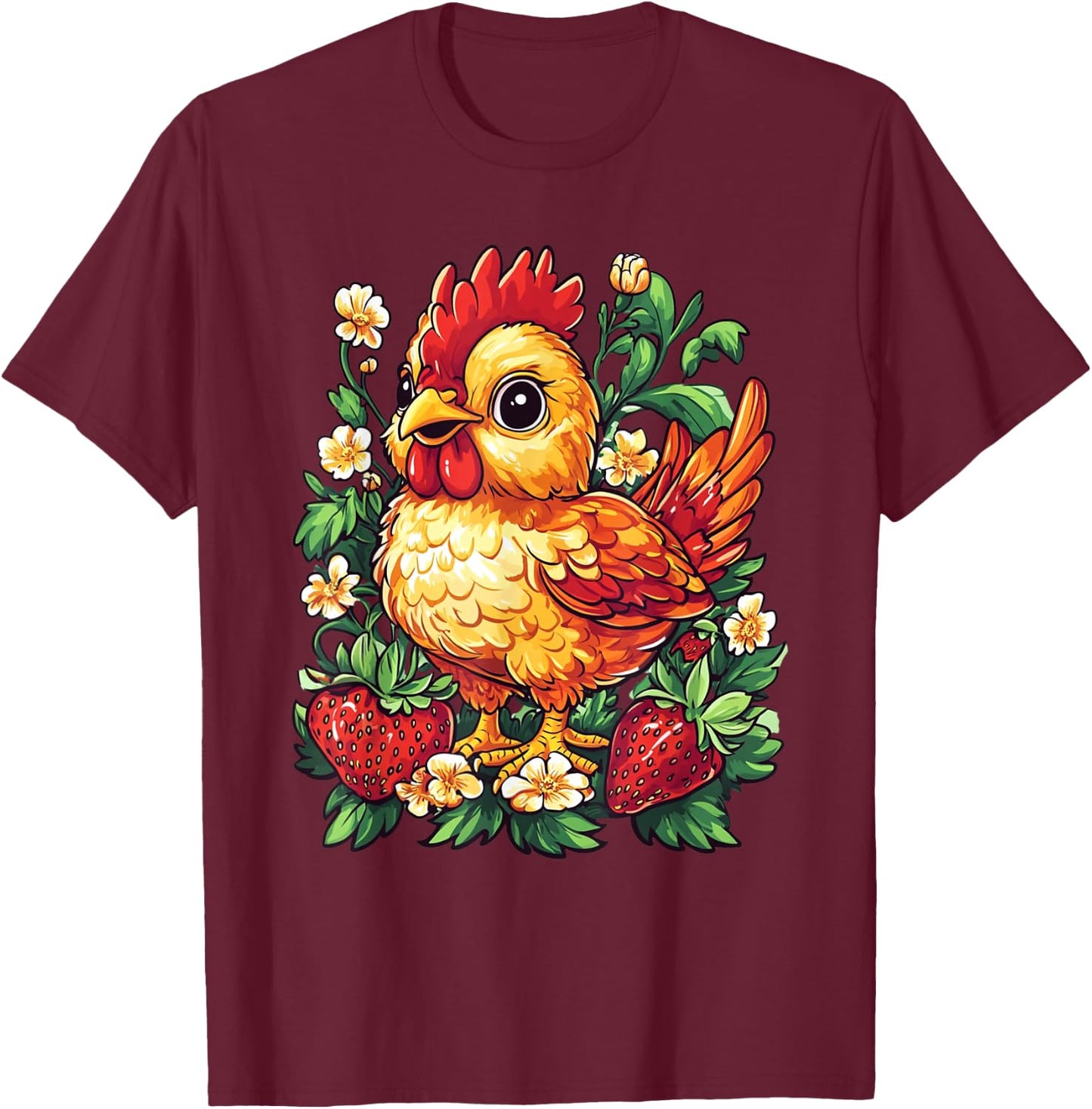 Chicken Strawberries and Flowers Graphic Cute Chicken T-Shirt - T-Shirt | Maroon