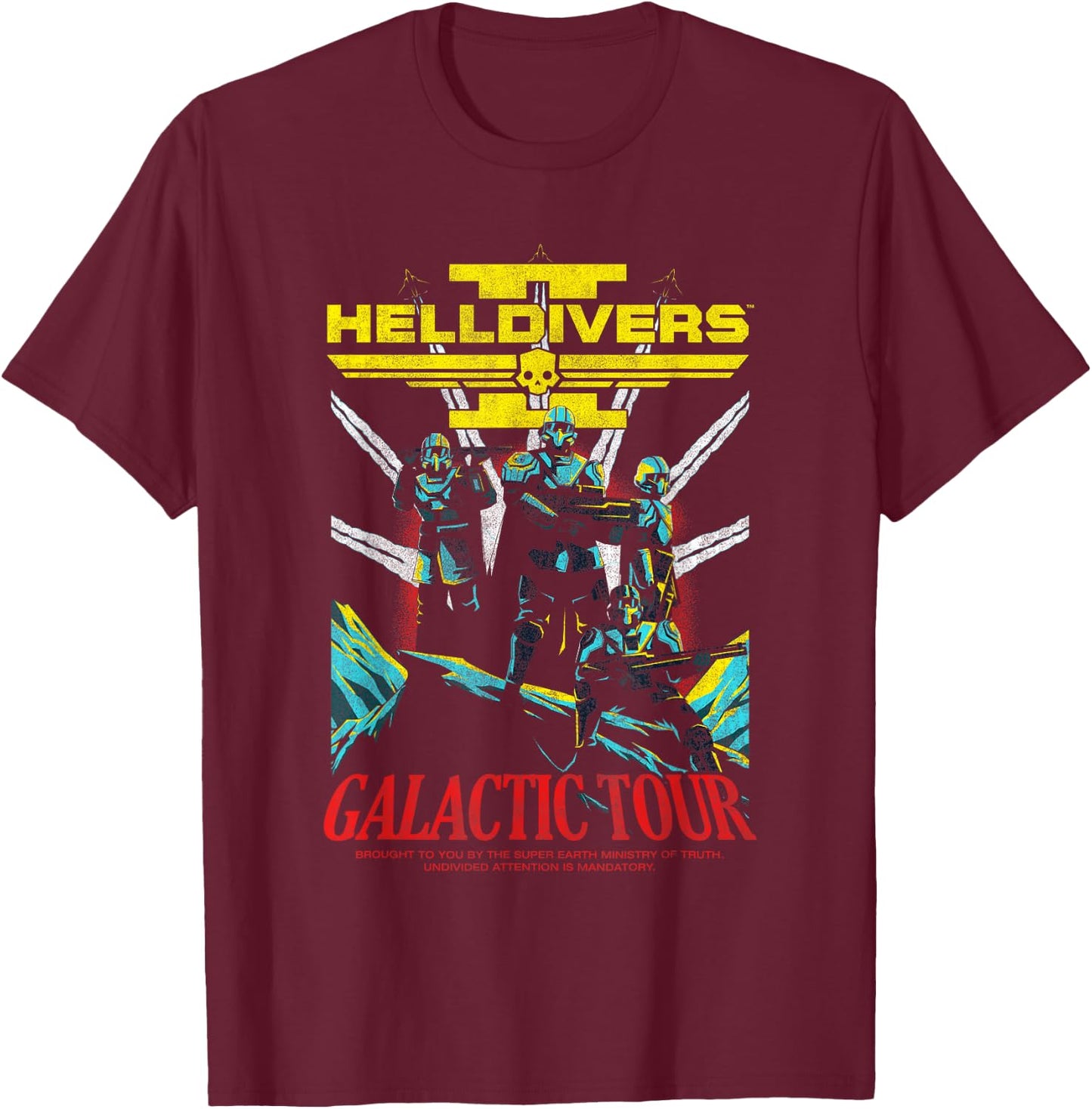 Helldivers 2 Front Back Galactic Democracy Tour Video Game T-Shirt - T-Shirt | Maroon