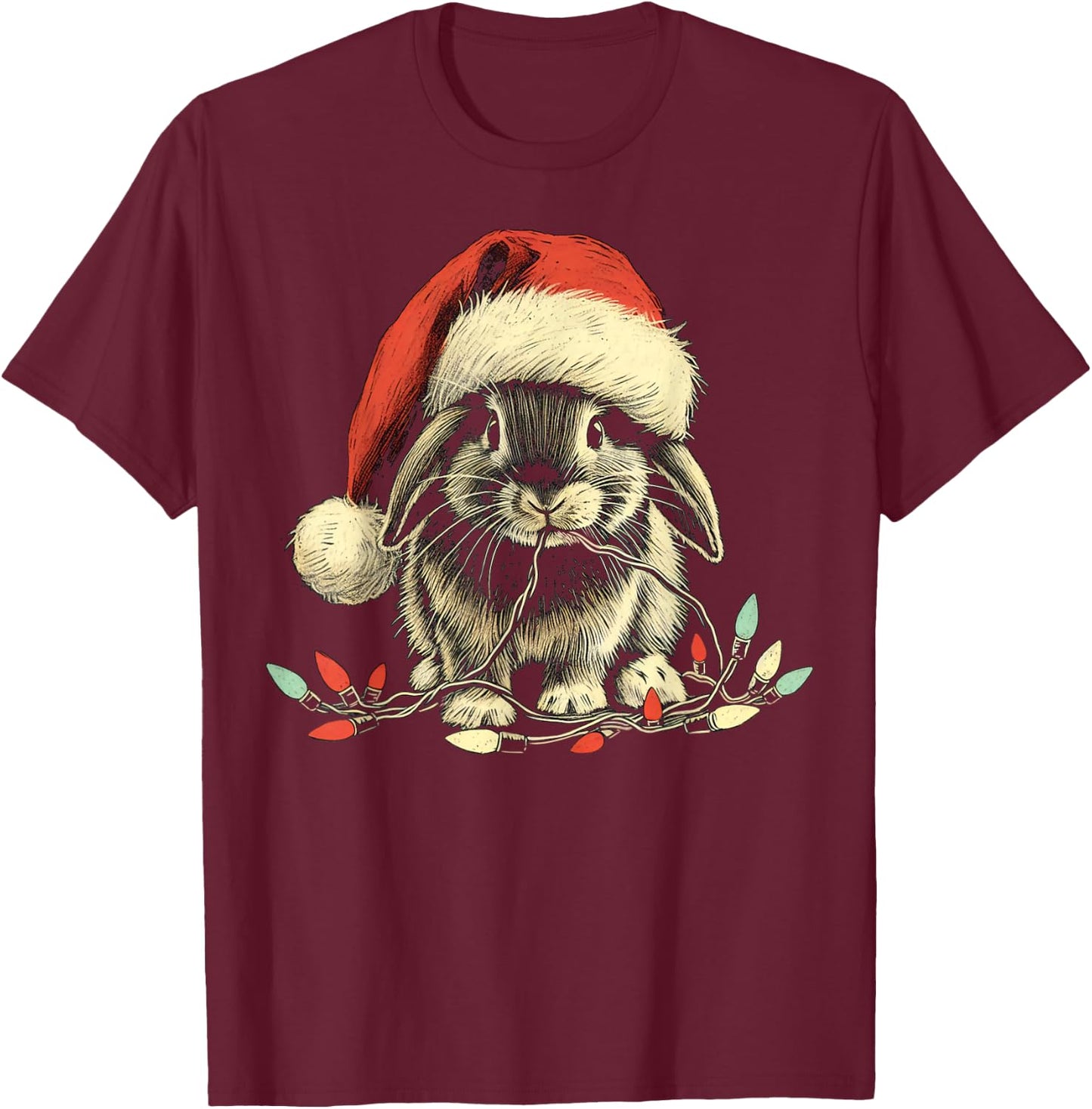 Holland Lop Rabbit Bunny Chew Christmas Light Xmas Holiday T-Shirt - T-Shirt | Maroon