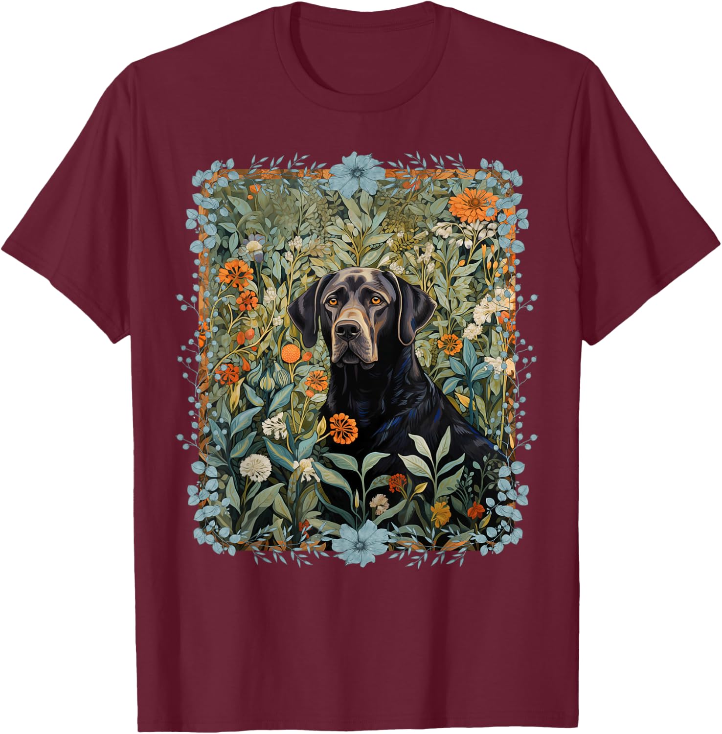 Black Labrador Retriever in William Morris Style Garden T-Shirt - T-Shirt | Maroon
