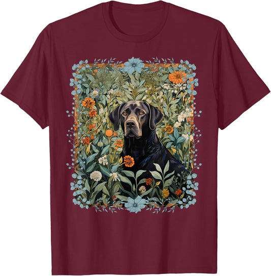 Black Labrador Retriever in William Morris Style Garden T-Shirt - T-Shirt | Maroon