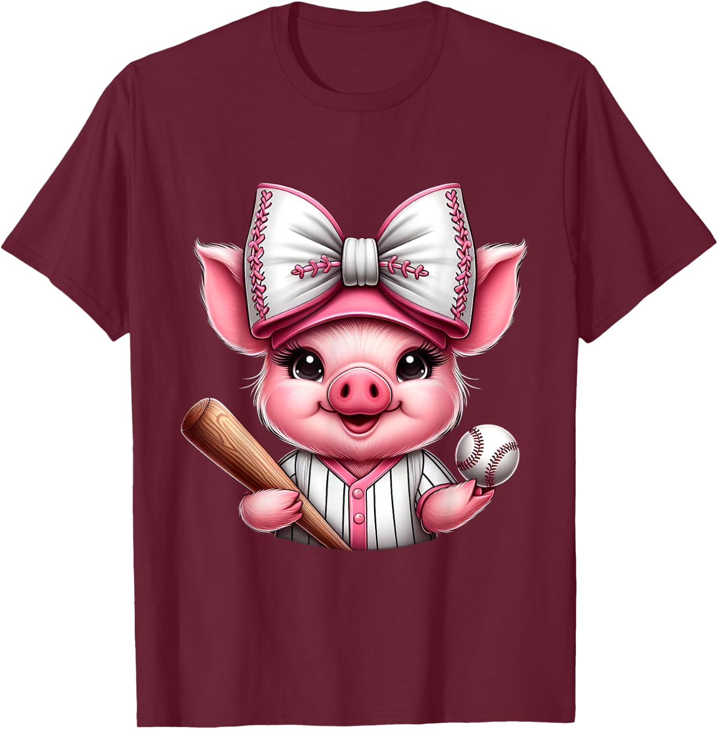 Cute Pig Baseball Coquette Bow Pig Baseball Player T-Shirt - T-Shirt | Maroon